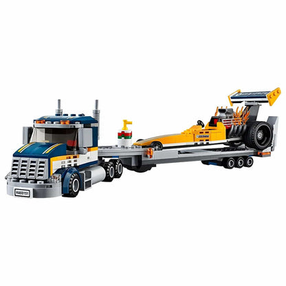 Lego City Dragster Transporter with truck, trailer, and yellow dragster for racing play