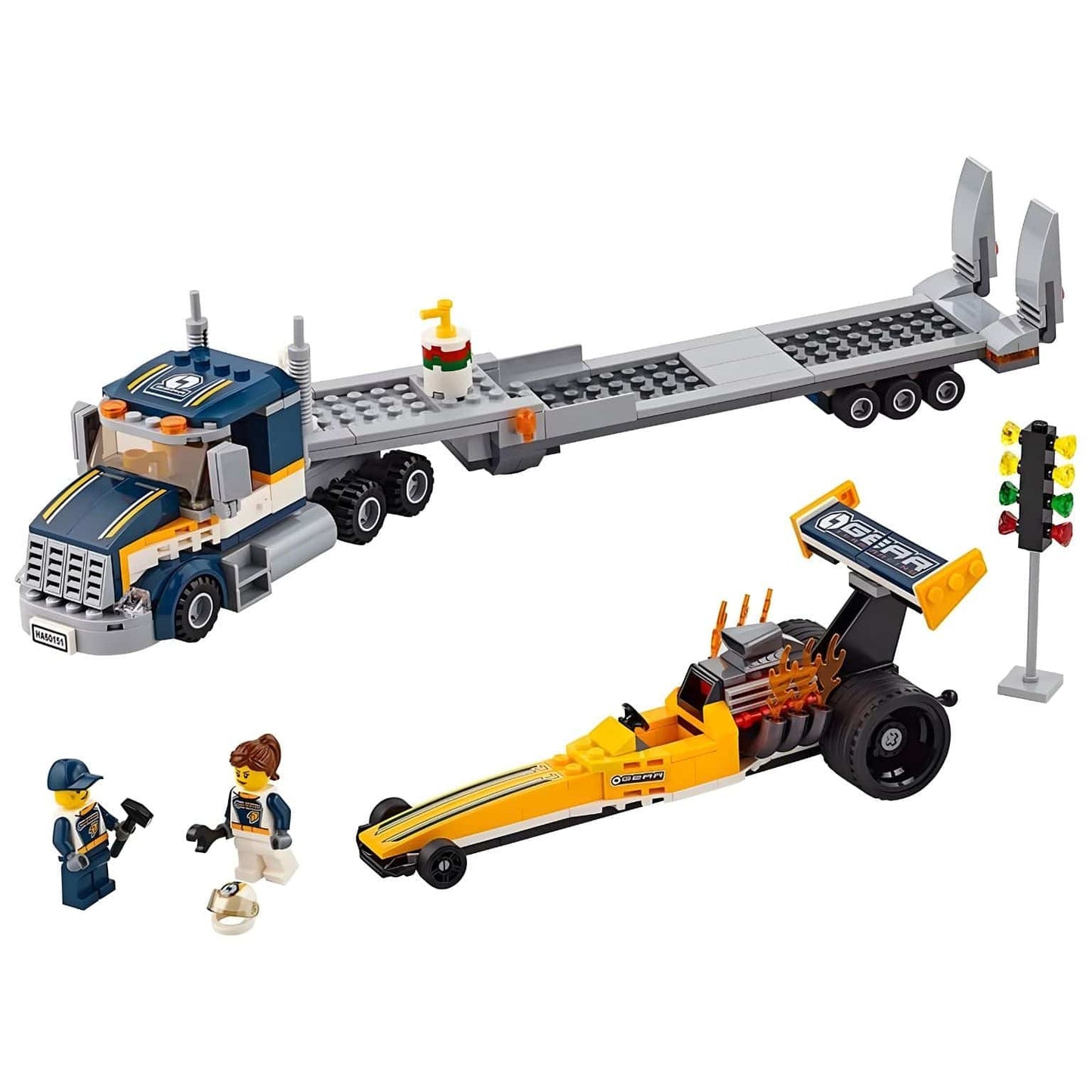 Lego City Transportador de Dragsters com camião, atrelado e dragster amarelo para brincar às corridas