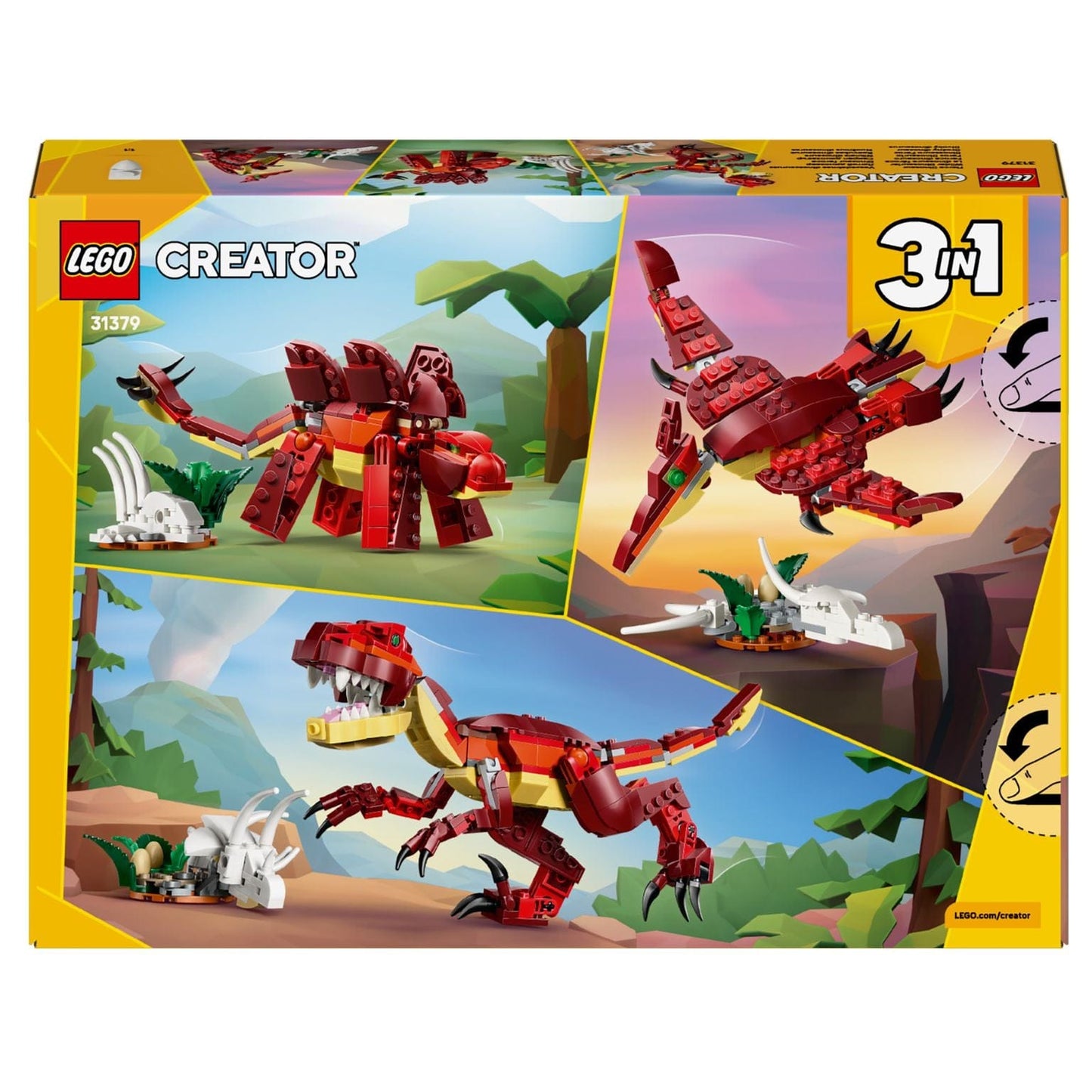 Lego Creator Dinossauro Feroz vermelho em construção com cenário pré-histórico e ninho