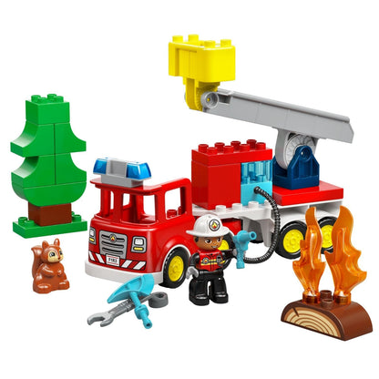 Lego Duplo fire truck with hose and firefighter with flames, tree and squirrel