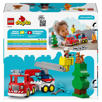 Lego Duplo fire truck with hose and firefighter with flames, tree and squirrel