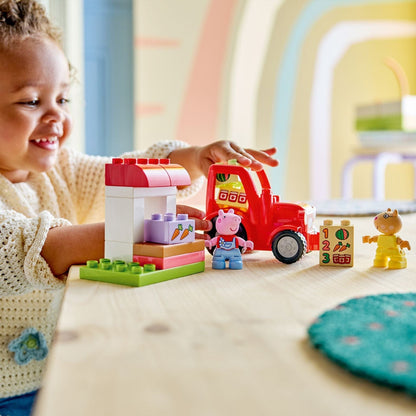 Lego Duplo Tractor and Market with red tractor, market, and Peppa Pig figures