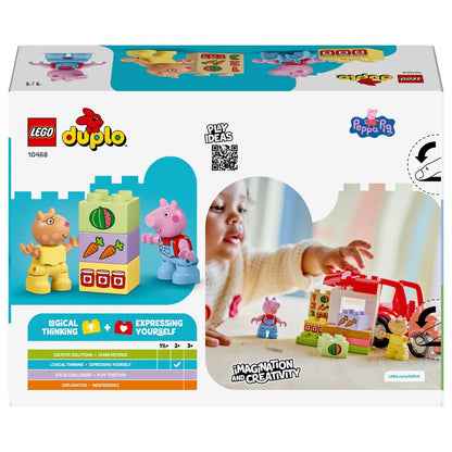 Lego Duplo Tractor and Market with red tractor, market, and Peppa Pig figures