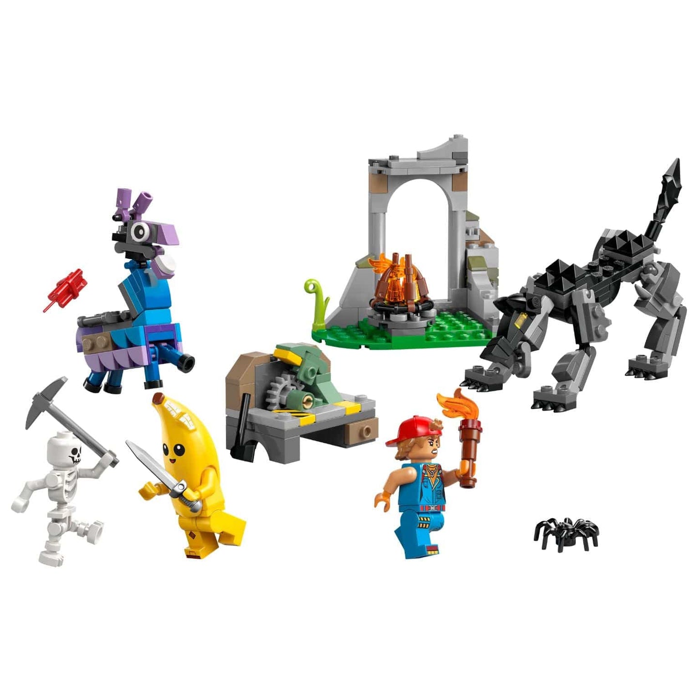 Lego Fortnite - Acampamento de Peely e Sparkplug com Peely, Sparkplug e cenário de acampamento para aventuras de construção