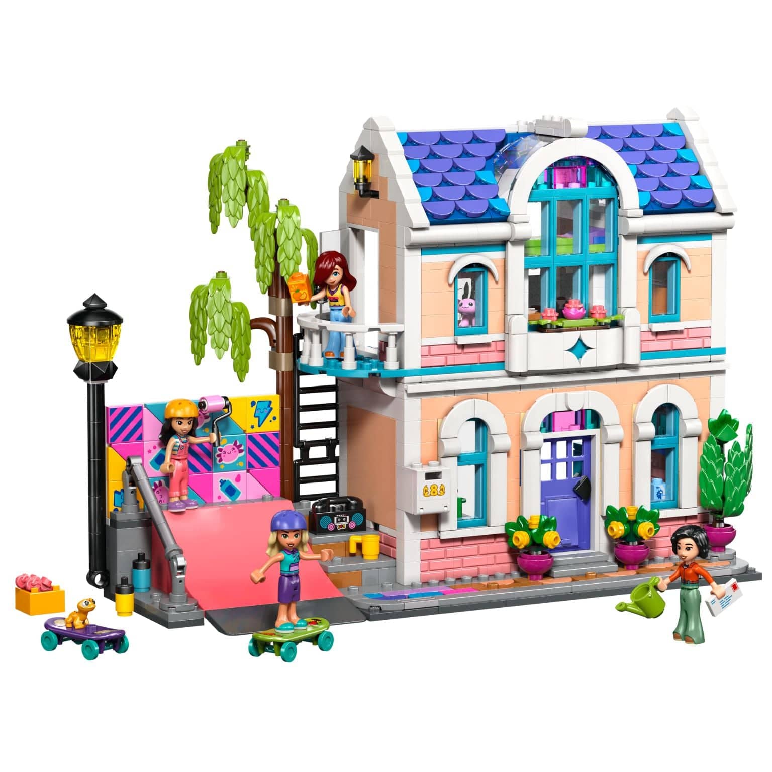 Lego Friends Casa da Família da Liann com casa pastel, rampa de skate e personagens Friends
