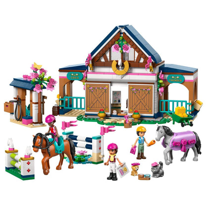 Lego Friends Stables and Riding School with stables, horses, jump, and Friends characters