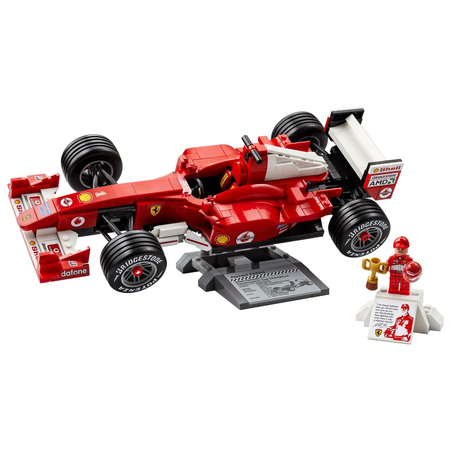 Lego Icons Ferrari F2004 e Michael Schumacher modelo vermelho com minifigura e troféu