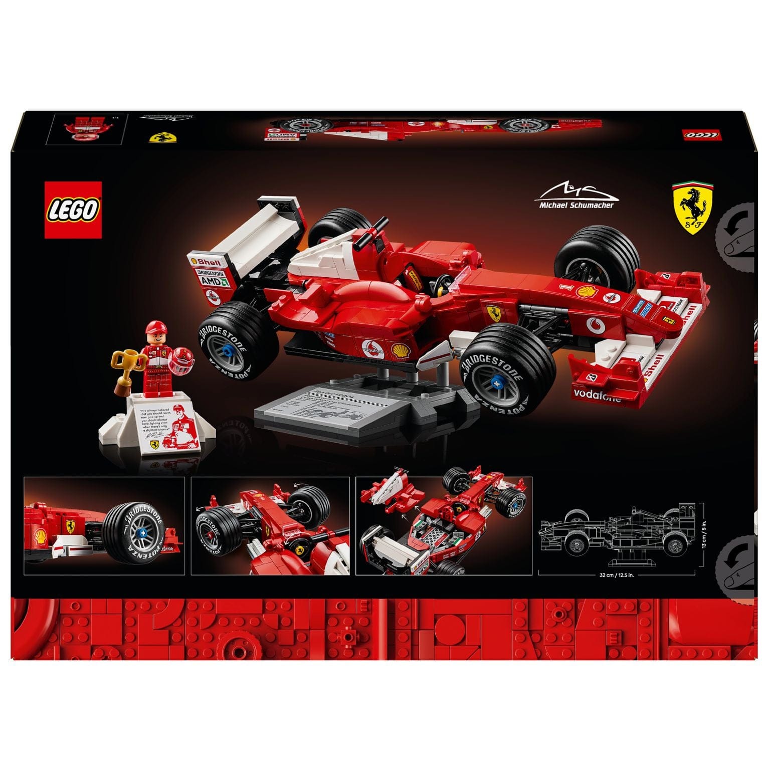 Lego Icons Ferrari F2004 e Michael Schumacher modelo vermelho com minifigura e troféu