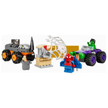 Lego Marvel Confronto de Camiões Hulk vs. Rhino com Hulk, Spidey e Rhino em veículos de ação
