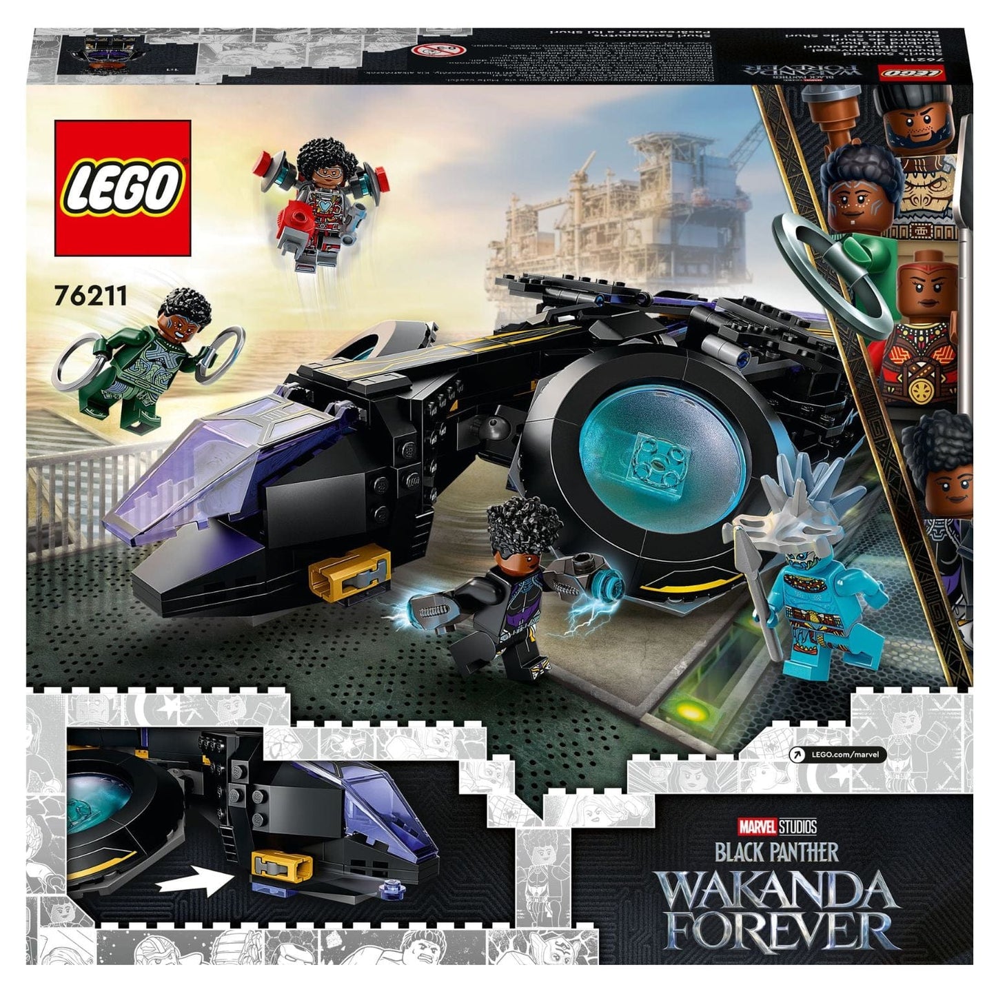 Lego Marvel Pássaro do Sol de Shuri com nave de Wakanda e minifiguras