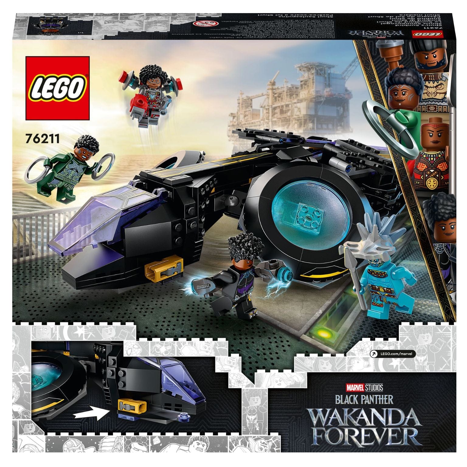Lego Marvel Pássaro do Sol de Shuri com nave de Wakanda e minifiguras