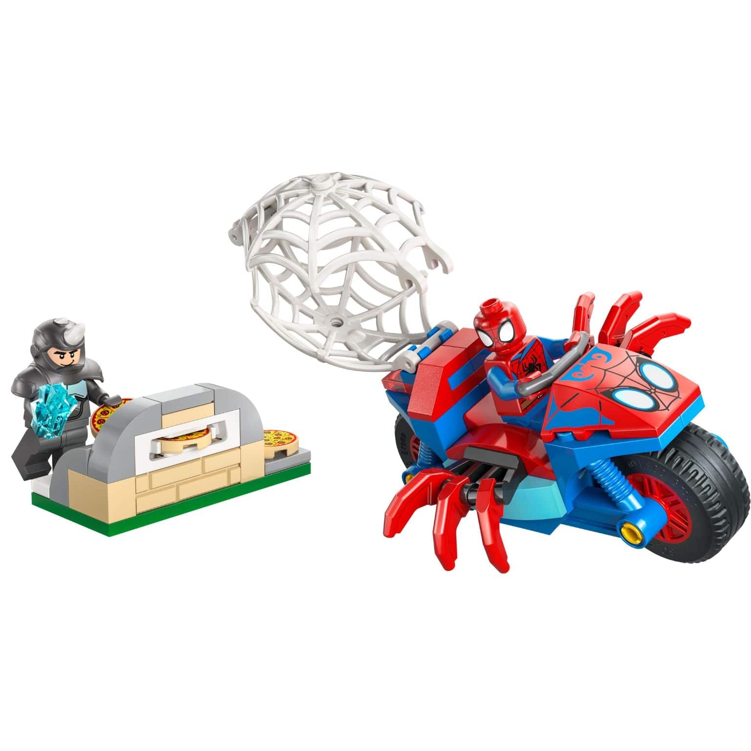 Lego Marvel Spidey na sua mota contra Rhino com teia e acessórios de brincadeira