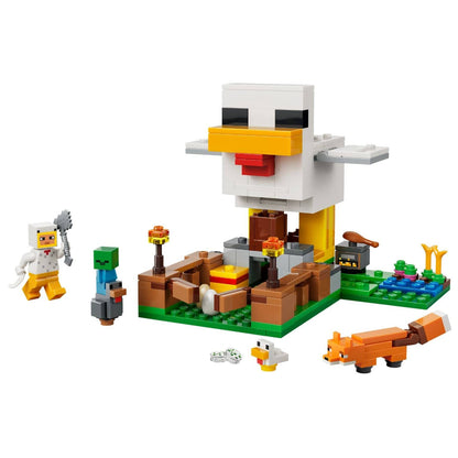 Lego Minecraft Chicken Farm with big chicken, fox and characters in a farm setting