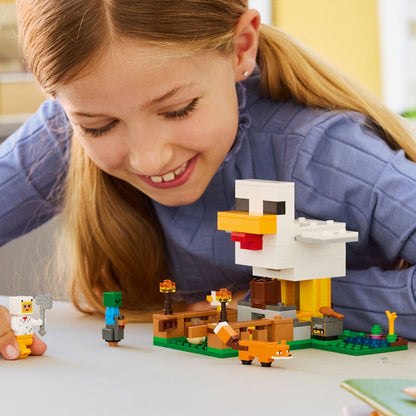 Lego Minecraft Chicken Farm with big chicken, fox and characters in a farm setting