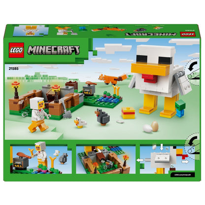 Lego Minecraft Chicken Farm with big chicken, fox and characters in a farm setting