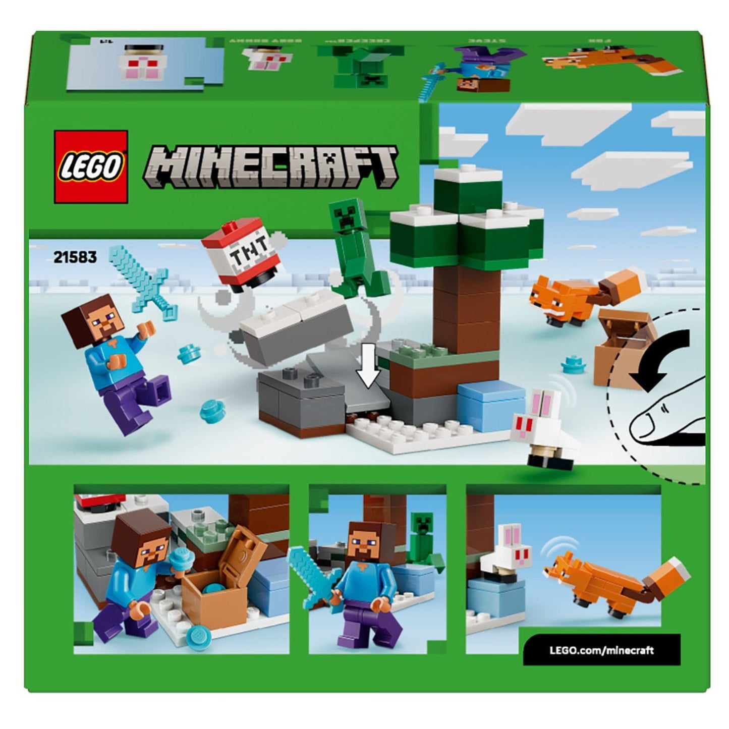Lego Minecraft Aventura em Taiga do Steve com Steve, Creeper, raposa, coelho e cenário de taiga