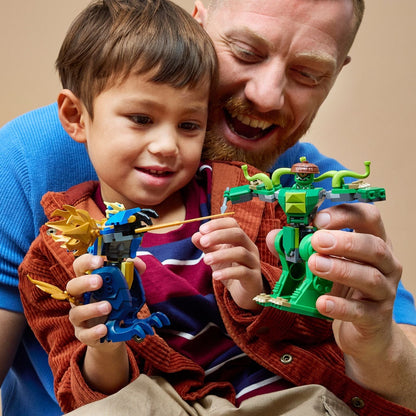 Lego Ninjago Jay's Dragon Robot Battle with battle robots and minifigures in action duel