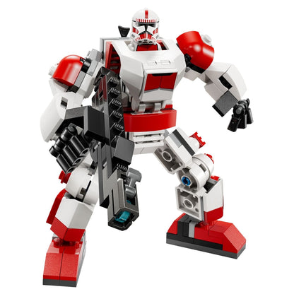Lego Star Wars Shock Trooper Clone Robot white and red with minifigure and weapon in an action setting