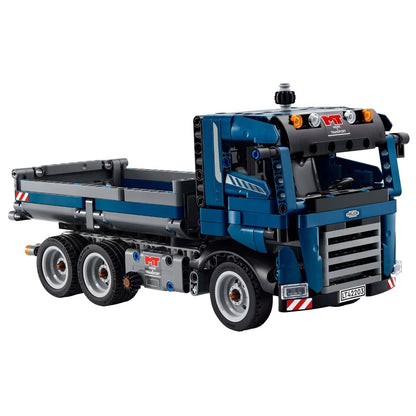 Blue LEGO Technic Dump Truck on a construction site