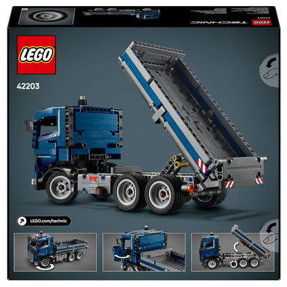Blue LEGO Technic Dump Truck on a construction site