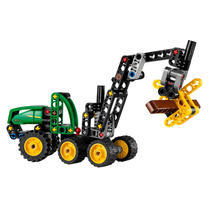 Lego Technic John Deere 1470H Harvester green and yellow with articulated arm and claw holding logs