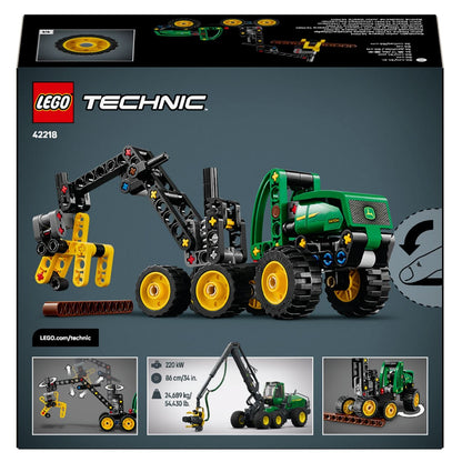Lego Technic John Deere 1470H Harvester green and yellow with articulated arm and claw holding logs