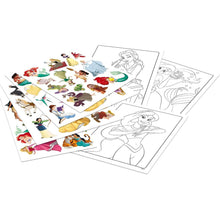 Livro de atividades Princesas Disney da Crayola com Ariel, Cinderela e Jasmine na capa e folhas de autocolantes e desenhos para colorir