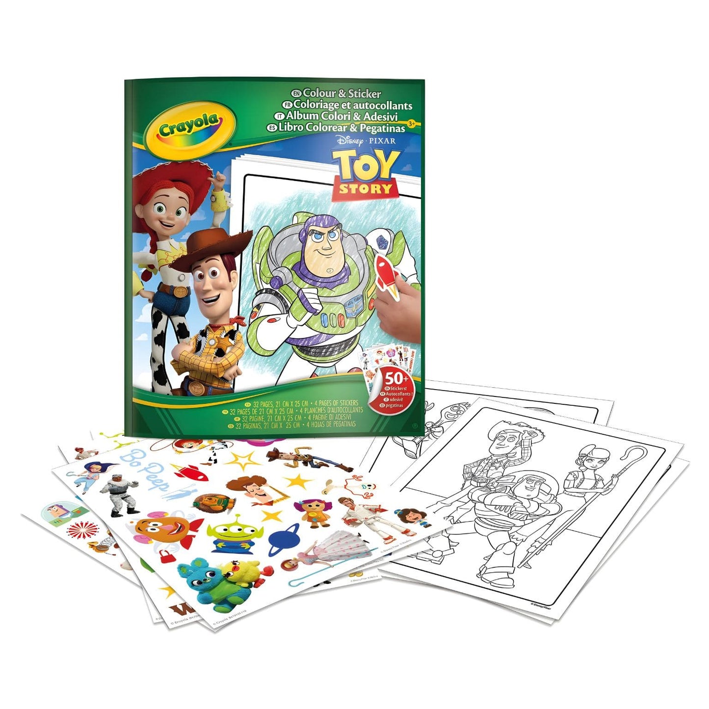 Livro de atividades Toy Story da Crayola com páginas para colorir e autocolantes de Woody, Buzz Lightyear e Jessie