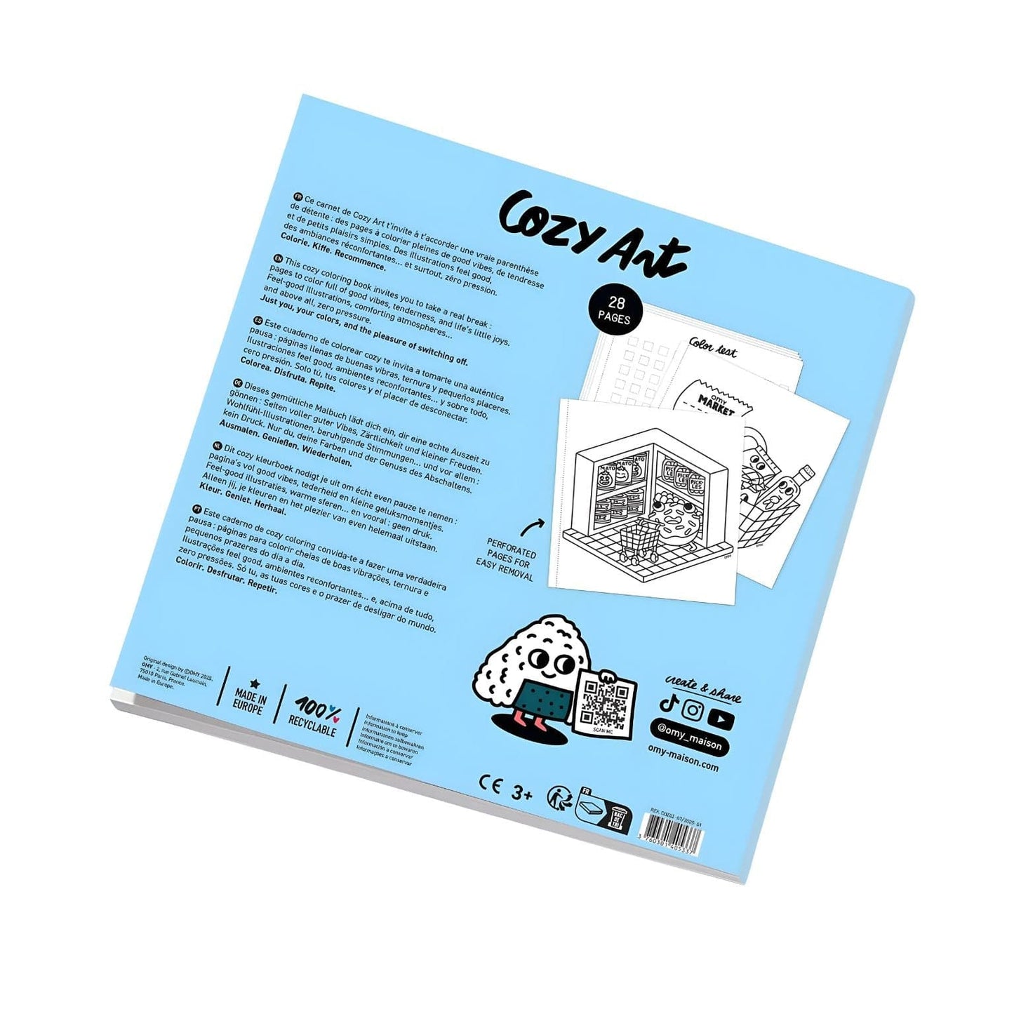 Capa do Livro de colorir Cozy Supermercado da Omy com ilustração de supermercado colorido e personagens divertidas