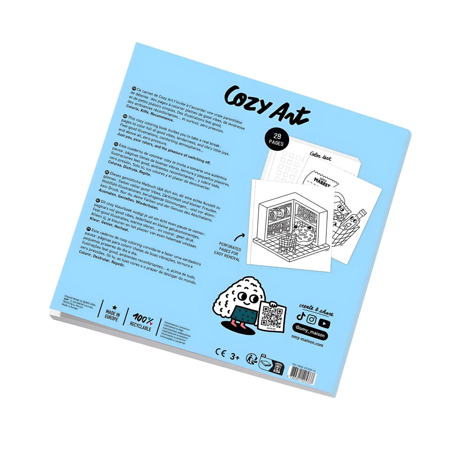 Capa do Livro de colorir Cozy Supermercado da Omy com ilustração de supermercado colorido e personagens divertidas