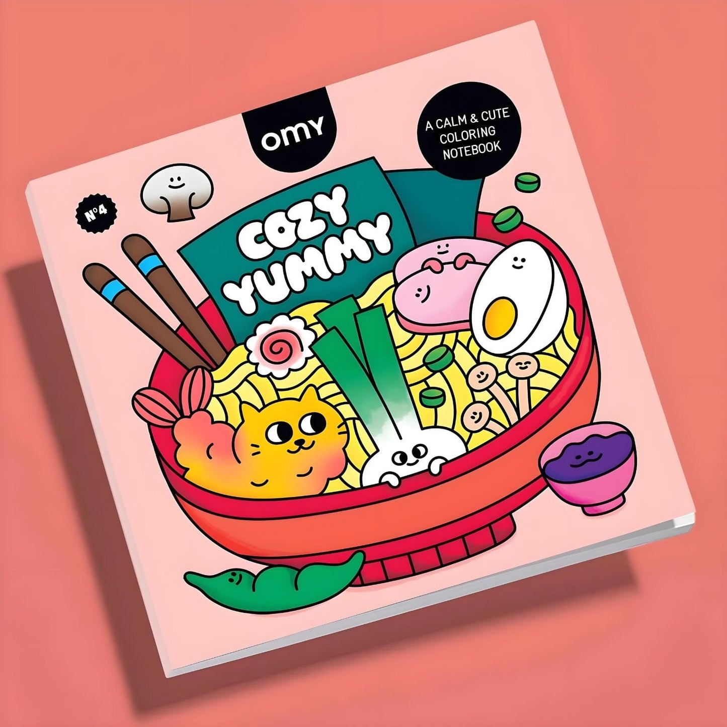 Livro de colorir Cozy Yummy da Omy com ilustração kawaii de tigela de noodles e páginas para colorir com desenhos fofos