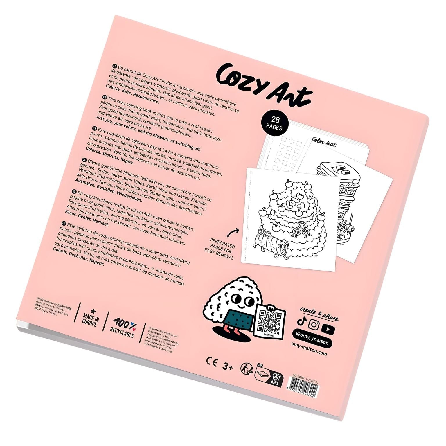 Livro de colorir Cozy Yummy da Omy com ilustração kawaii de tigela de noodles e páginas para colorir com desenhos fofos