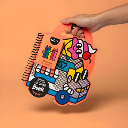Omy Yummy coloring and sticker book with illustrated pages, stickers, and crayons in a fun design for kids
