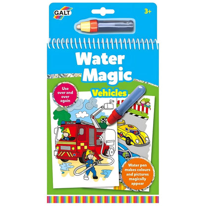 Galt Water Magic Vehicles coloring book with water pen and drawings of cars, buses and trucks