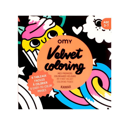Child coloring Omy Lily velvet coloring book with kawaii illustrations, clouds, rainbow, and cupcake on a colorful background.