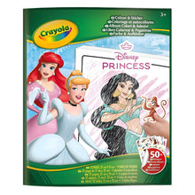 Livro de atividades Princesas Disney da Crayola com Ariel, Cinderela e Jasmine na capa e folhas de autocolantes e desenhos para colorir