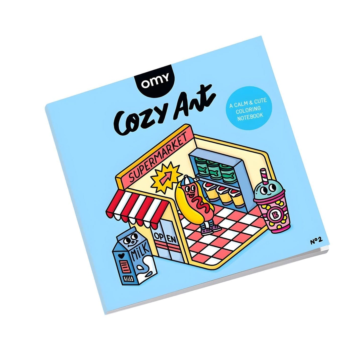 Capa do Livro de colorir Cozy Supermercado da Omy com ilustração de supermercado colorido e personagens divertidas