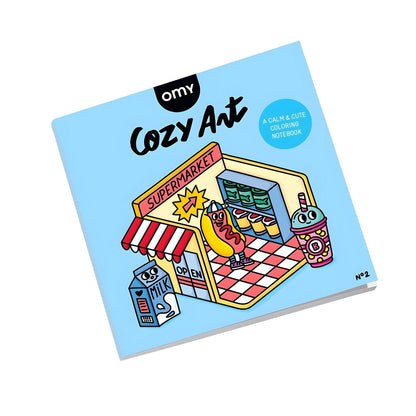 Omy Cozy Supermarket coloring book cover with illustration of a colorful supermarket and fun characters