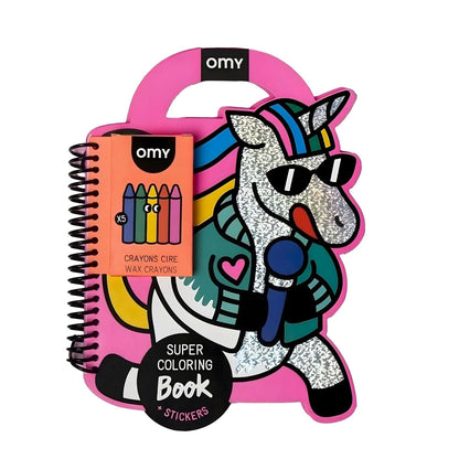 Omy Lily coloring and sticker book in the shape of a pink unicorn with coloring pages, stickers, and a magical children's theme