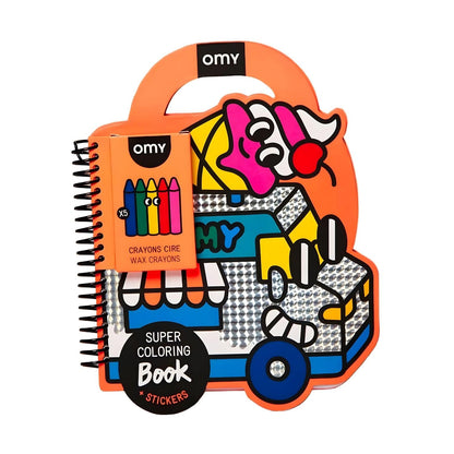 Omy Yummy coloring and sticker book with illustrated pages, stickers, and crayons in a fun design for kids