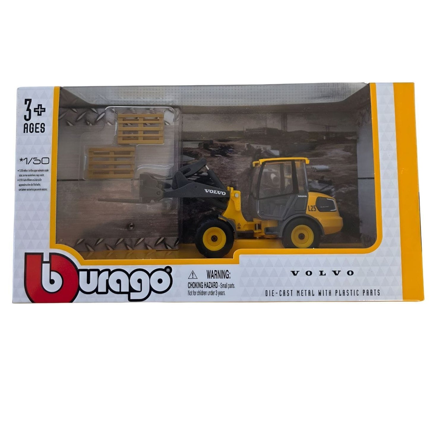 Máquina de Obras Volvo L 25 amarela com porta paletes da Burago