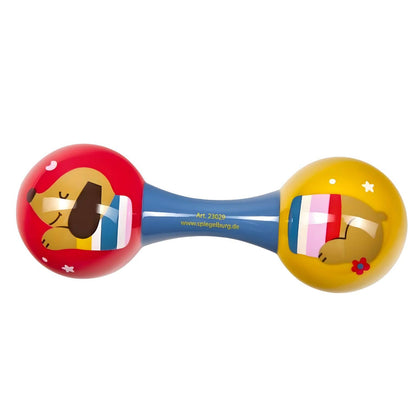 Baby playing with colorful Dachshund dog Maracas from Spiegelburg