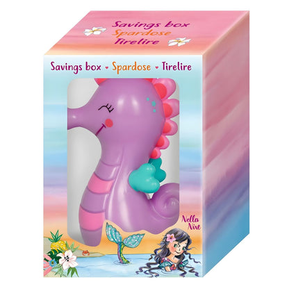 Spiegelburg Lilac Seahorse Piggy Bank in shades of lilac, pink, and turquoise, with a smiling expression and coin slot