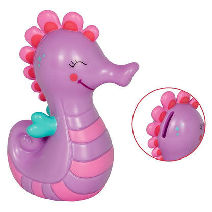 Spiegelburg Lilac Seahorse Piggy Bank in shades of lilac, pink, and turquoise, with a smiling expression and coin slot
