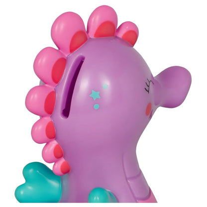 Spiegelburg Lilac Seahorse Piggy Bank in shades of lilac, pink, and turquoise, with a smiling expression and coin slot