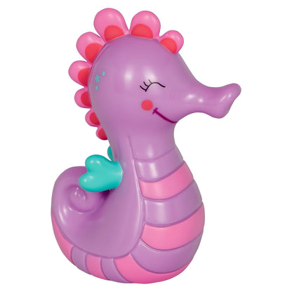 Spiegelburg Lilac Seahorse Piggy Bank in shades of lilac, pink, and turquoise, with a smiling expression and coin slot