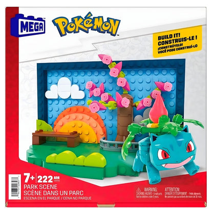 Mega Pokémon Park Scene with Pokémon character and colorful park scenery with flowers and landscape elements