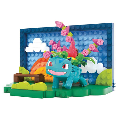 Mega Pokémon Park Scene with Pokémon character and colorful park scenery with flowers and landscape elements