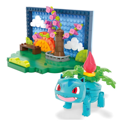 Mega Pokémon Park Scene with Pokémon character and colorful park scenery with flowers and landscape elements