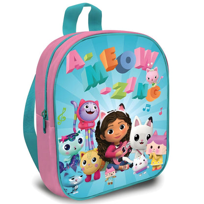 Gabby's Dollhouse backpack pink and turquoise with characters and music